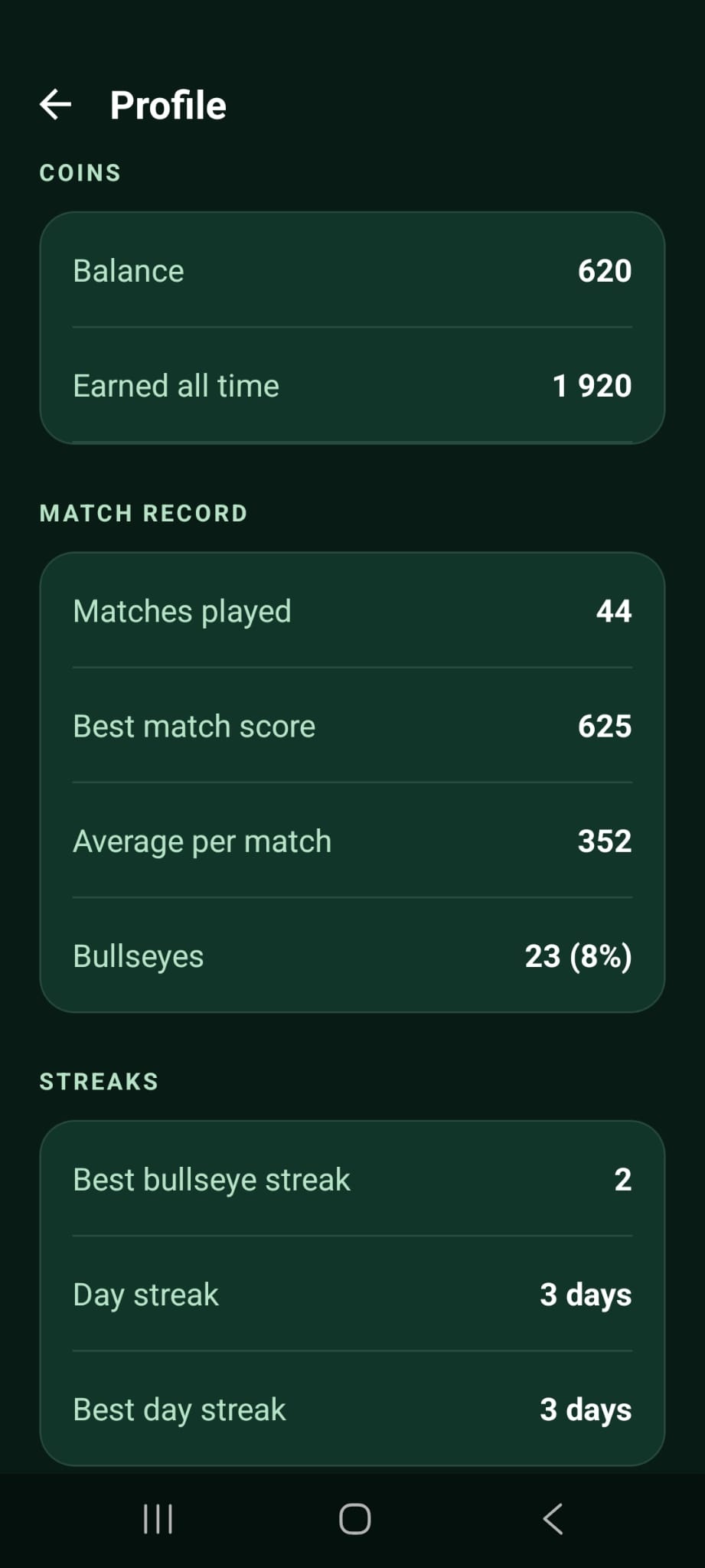 The profile screen with locally stored statistics: matches, best score, bullseyes and streaks.