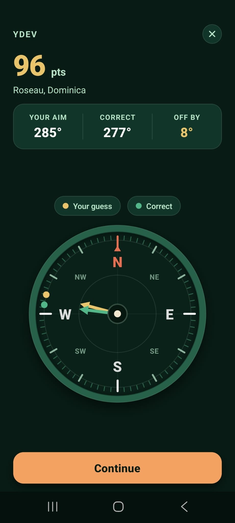 The turn result screen, showing how many degrees the guess was off and the points scored.