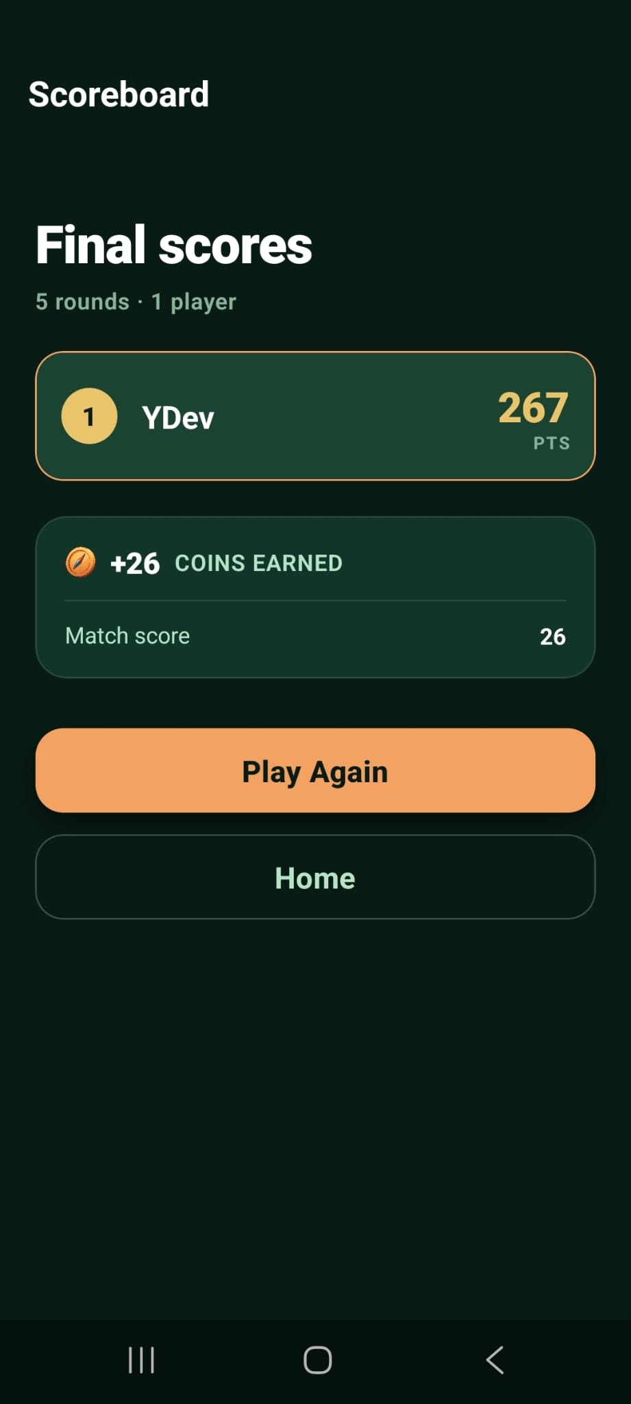 The end-of-match scoreboard listing each turn and the total score.