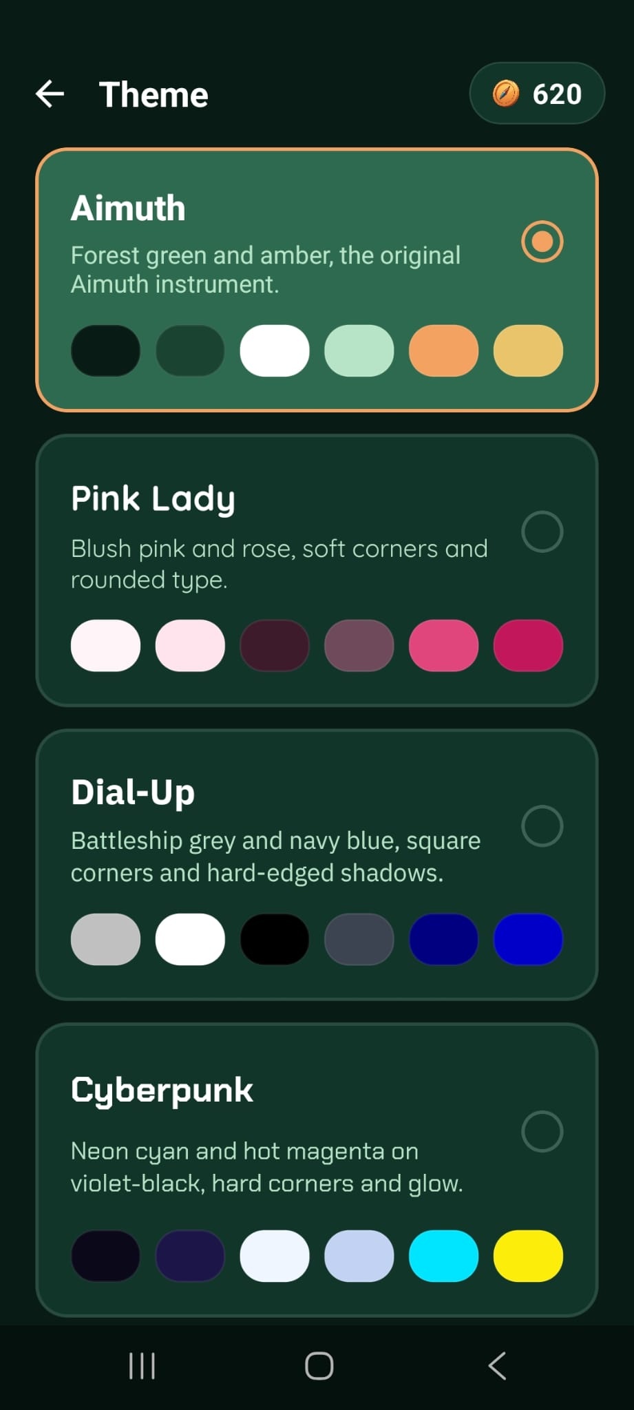 The theme picker showing the four visual skins: Aimuth, Pink Lady, Dial-Up and Cyberpunk.